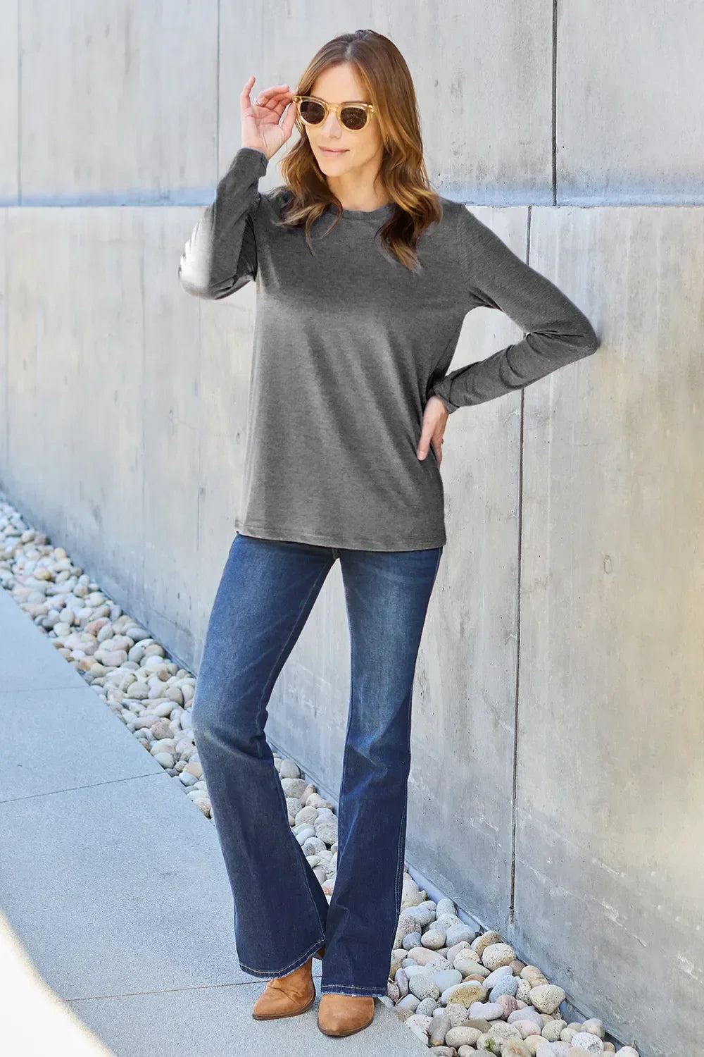 Basic Round Neck Long Sleeve Knit Top Silhouette - Southern Shores Clothing