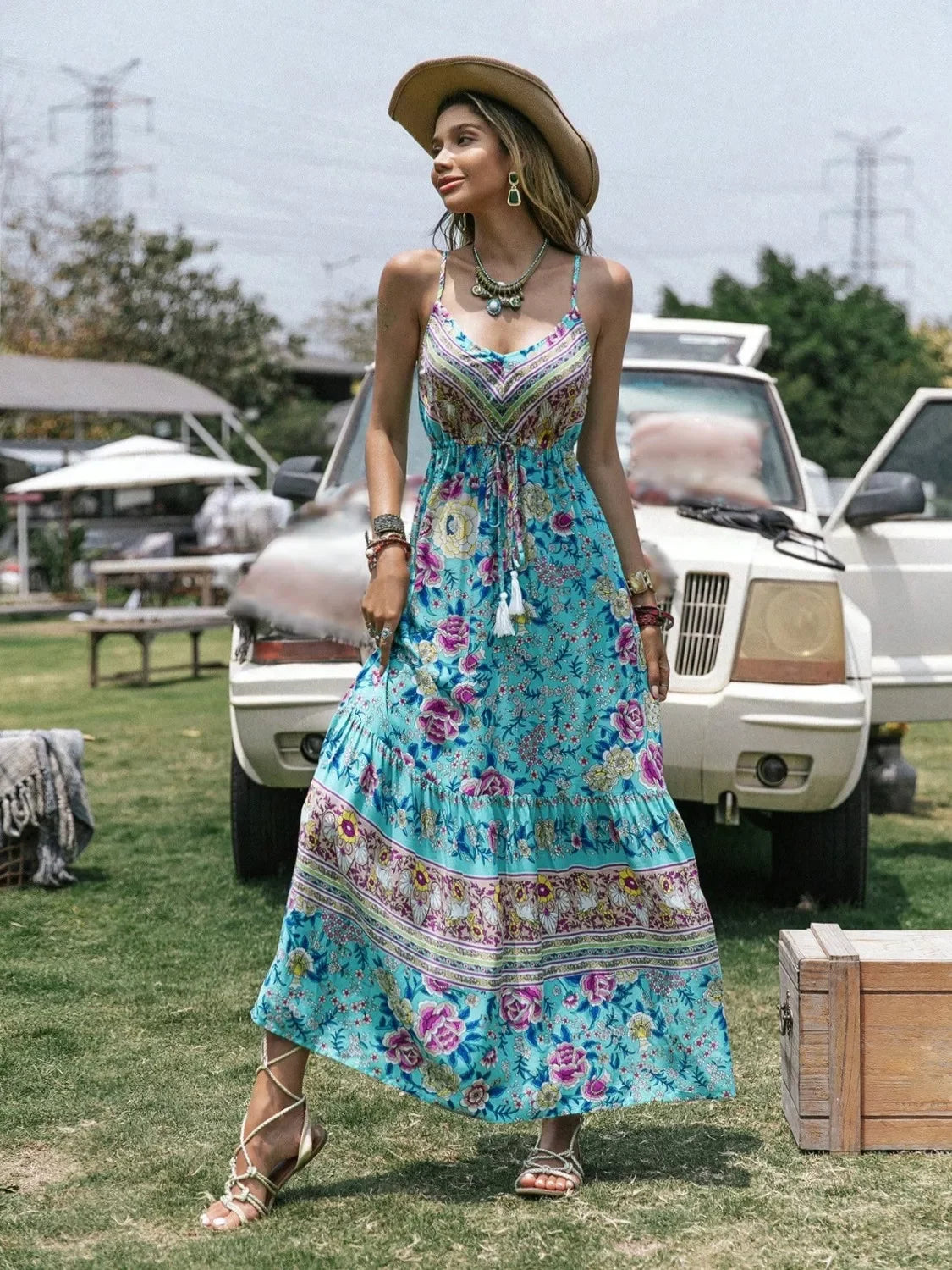 Tassel Floral Print Tiered Cami Dress With Sleeveless Design - Southern Shores Clothing