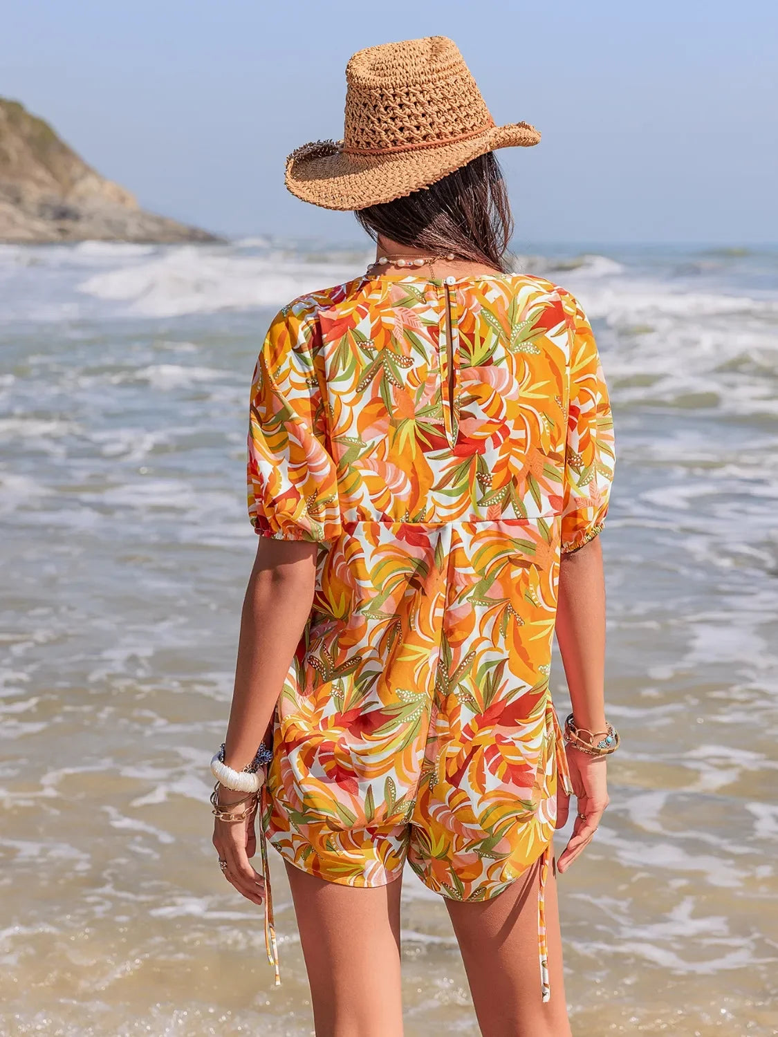 Smocked Printed Tie Neck Romper With Elastic Puff Sleeves - Southern Shores Clothing