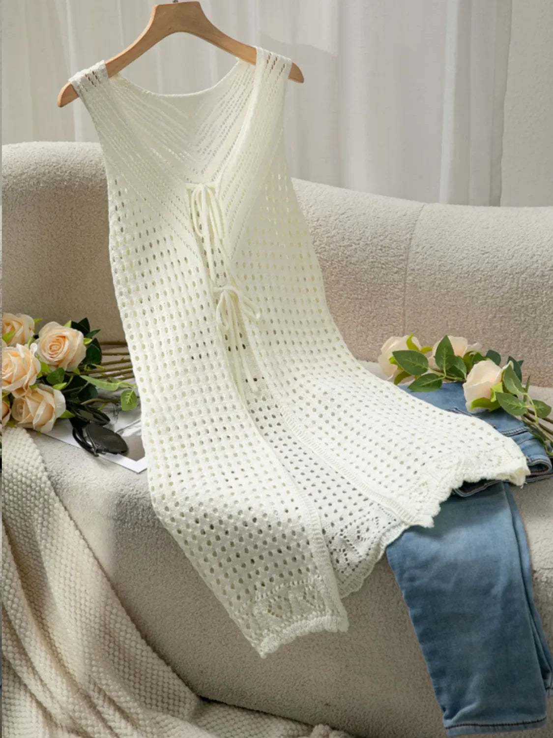 Front Tie Crochet Sleeveless Longline Cardigan - Southern Shores Clothing