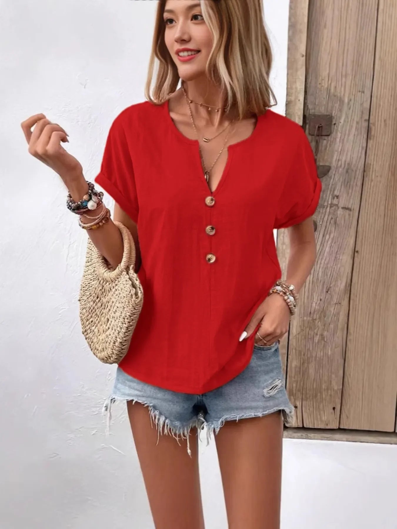 Plus Size Notched Short Sleeve T Shirt With Button Front - Southern Shores Clothing