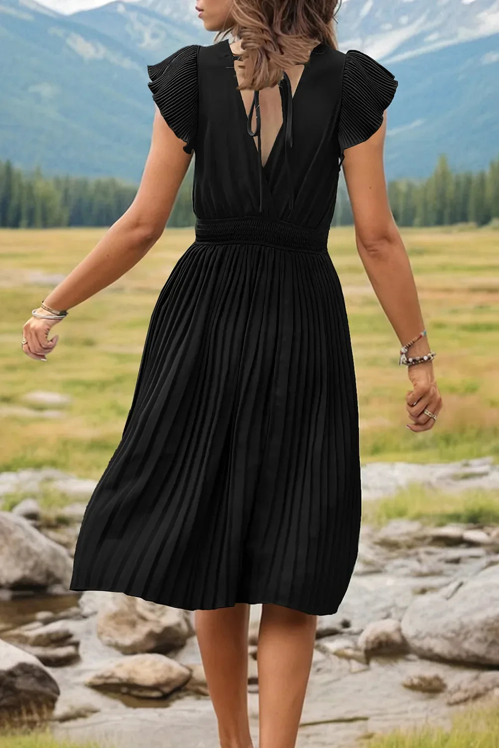 Perfee Tied Smocked Waist Flutter Sleeve Dress - Southern Shores Clothing