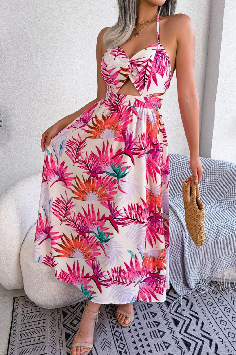 Botanical Print Tied Backless Cutout Slit Maxi Dress - Southern Shores Clothing