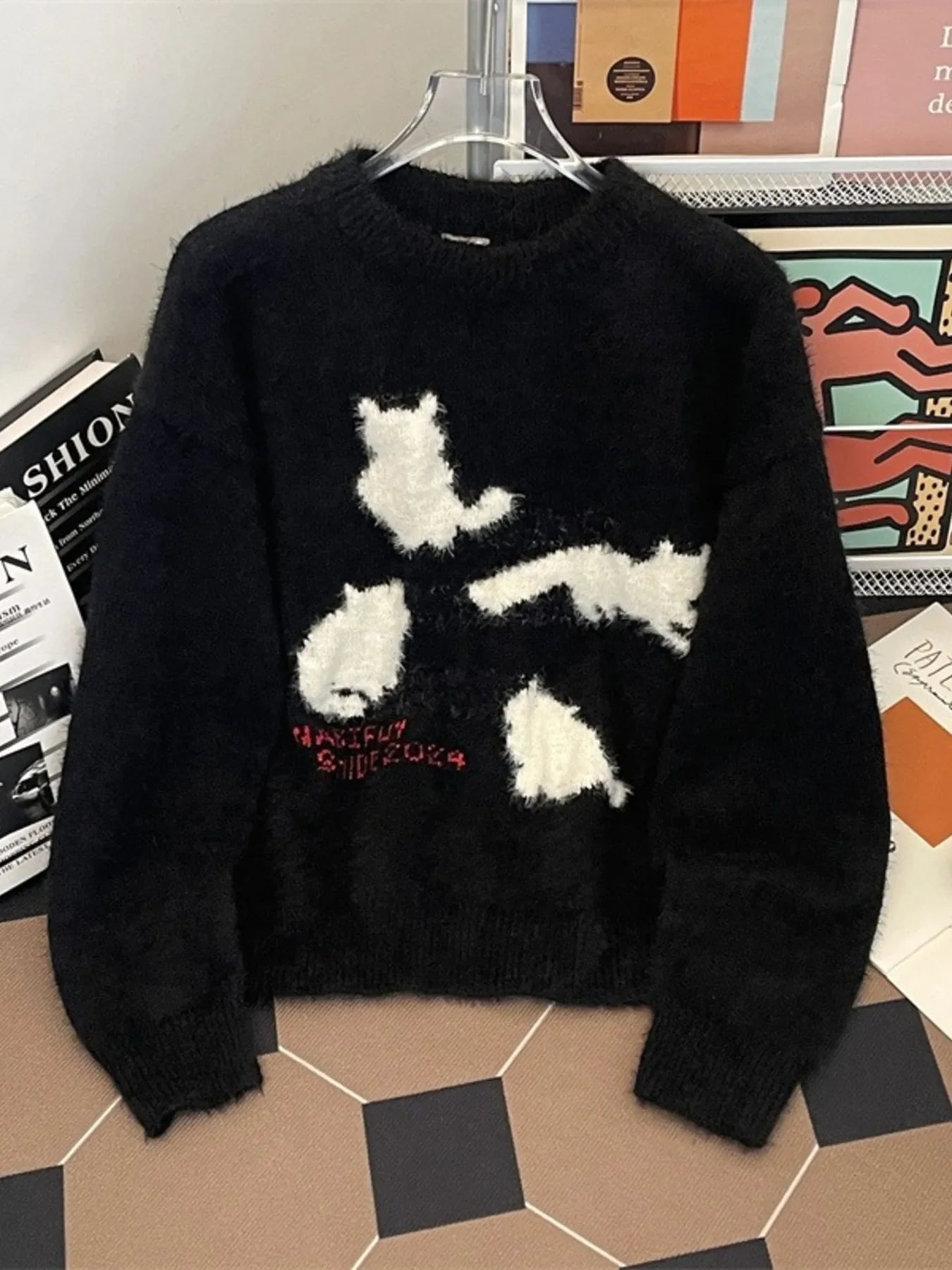 Fuzzy Knit Cat Pattern Pullover With Stretch - Southern Shores Clothing