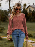 Stretchy Heathered Round Neck Button-Down Long Sleeve Tee - Southern Shores Clothing