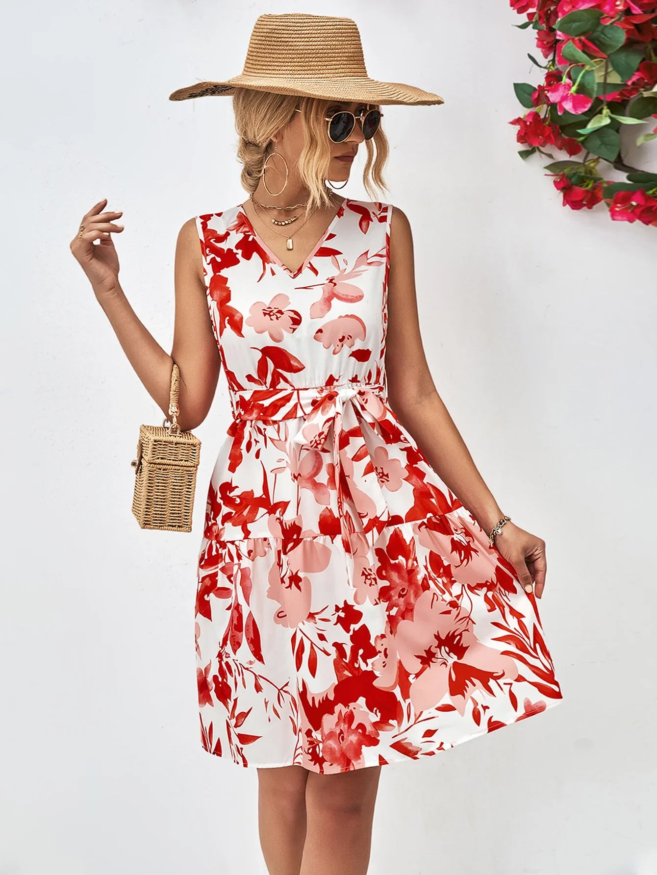 Floral V-Neck Tie Waist Sleeveless Dress - Southern Shores Clothing