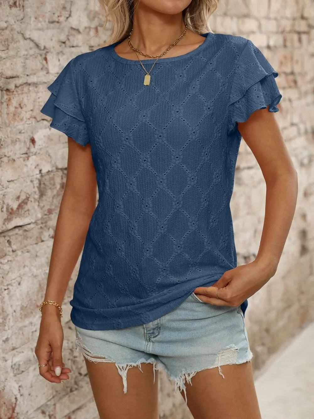 Eyelet Round Neck Ruffled Short Sleeve Top - Southern Shores Clothing