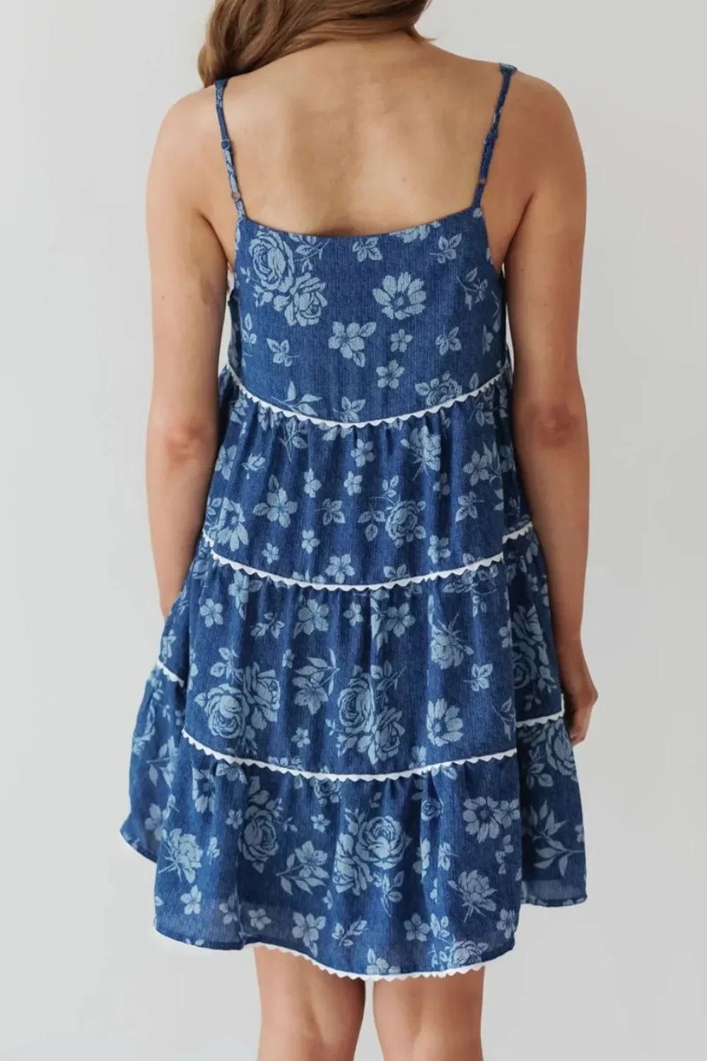 Floral Tiered Denim Dress With Square Neckline Sleeveless - Southern Shores Clothing