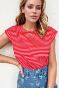 Stripe Ribbed Cap Sleeve Round Neck T Shirt - Southern Shores Clothing