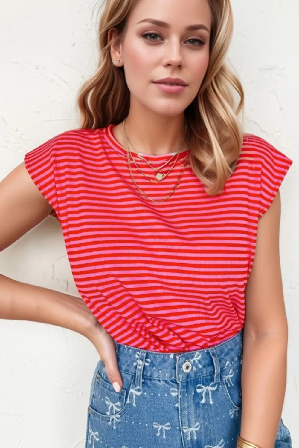 Stripe Ribbed Cap Sleeve Round Neck T Shirt - Southern Shores Clothing