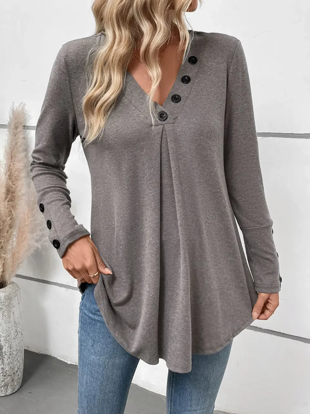 V-Neck Long Sleeve T Shirt With Decorative Button - Southern Shores Clothing