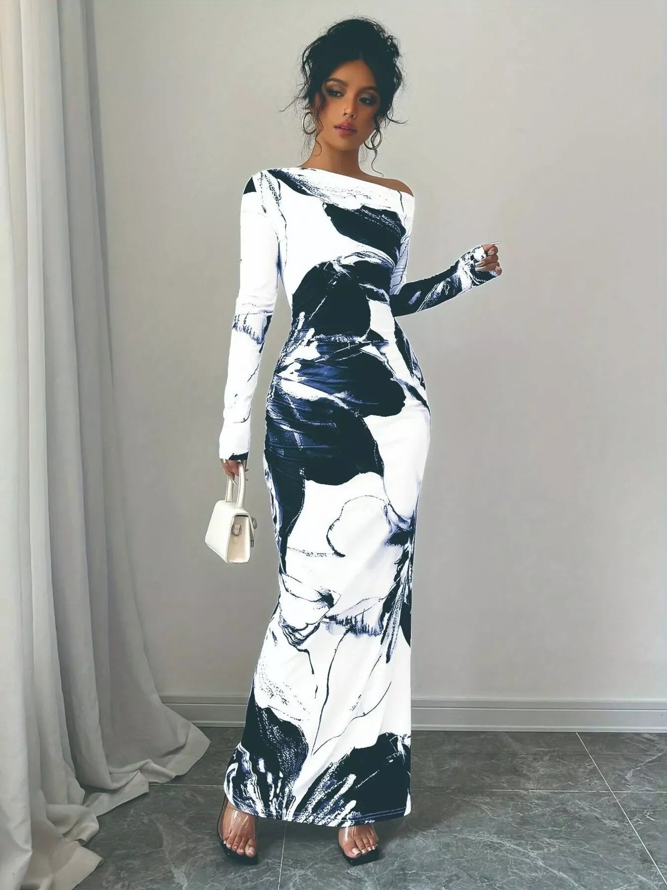 Floral One Shoulder Long Sleeve Maxi Dress - Southern Shores Clothing