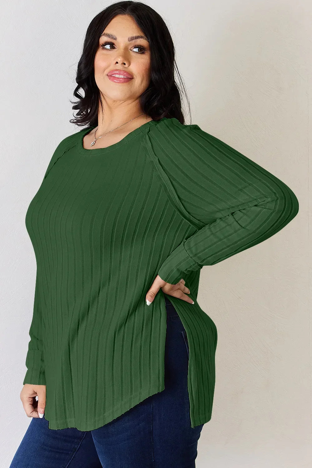 Ribbed Round Neck Slit T Shirt With Stretch - Southern Shores Clothing