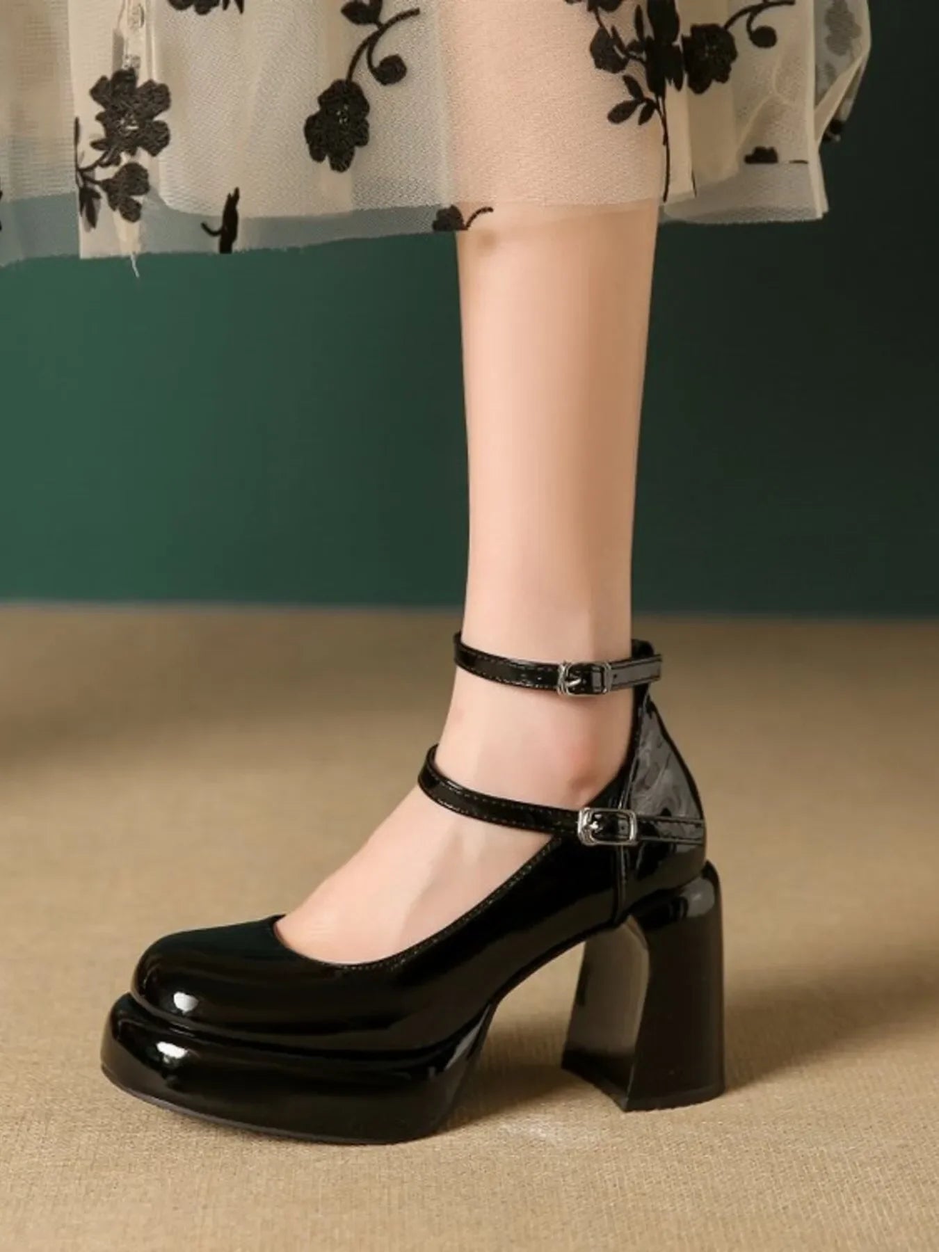 Patent Leather Mary Jane Platform Pumps Mid Heel - Southern Shores Clothing