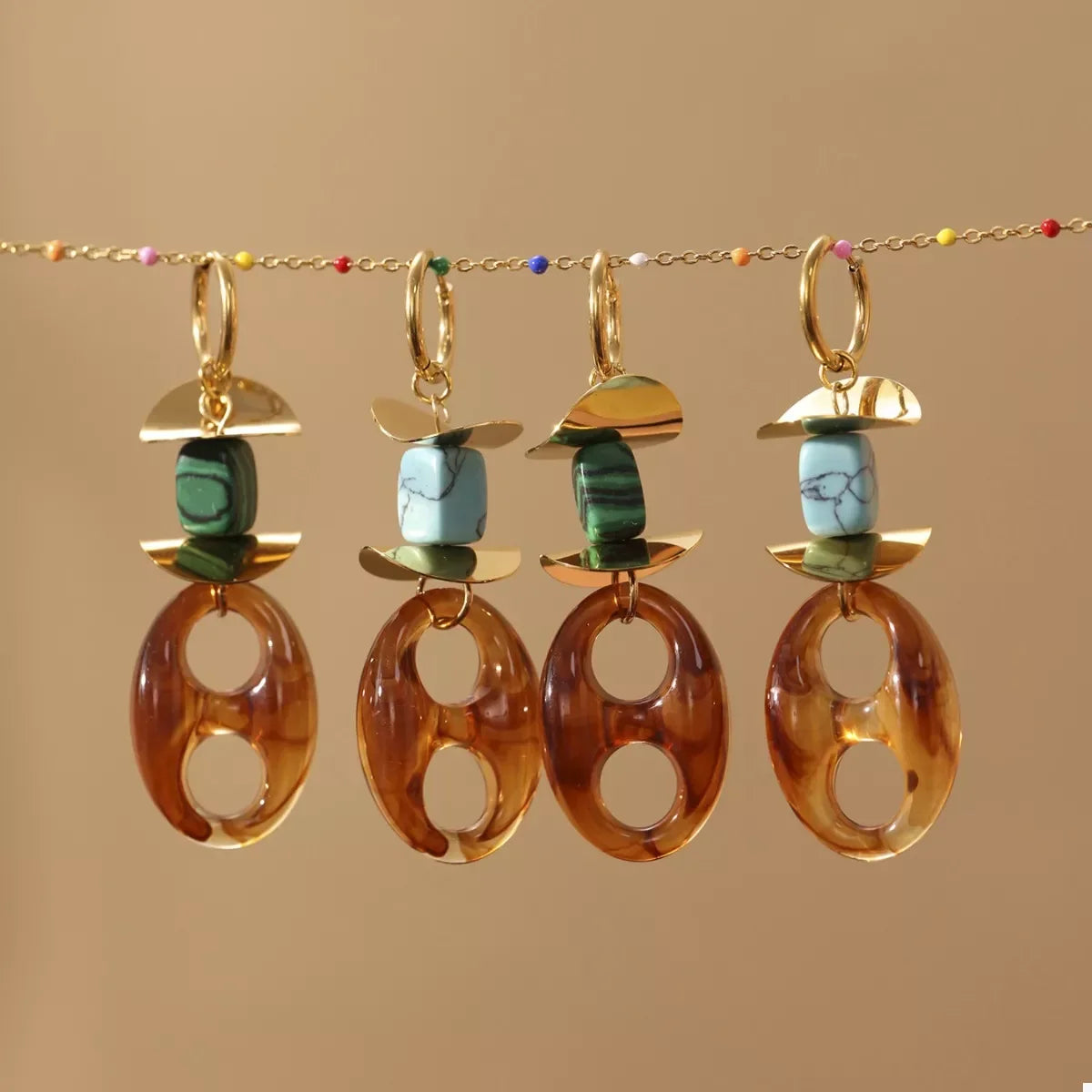 Geometric Drop Earrings With Turquoise In 18K Gold-Plated - Southern Shores Clothing