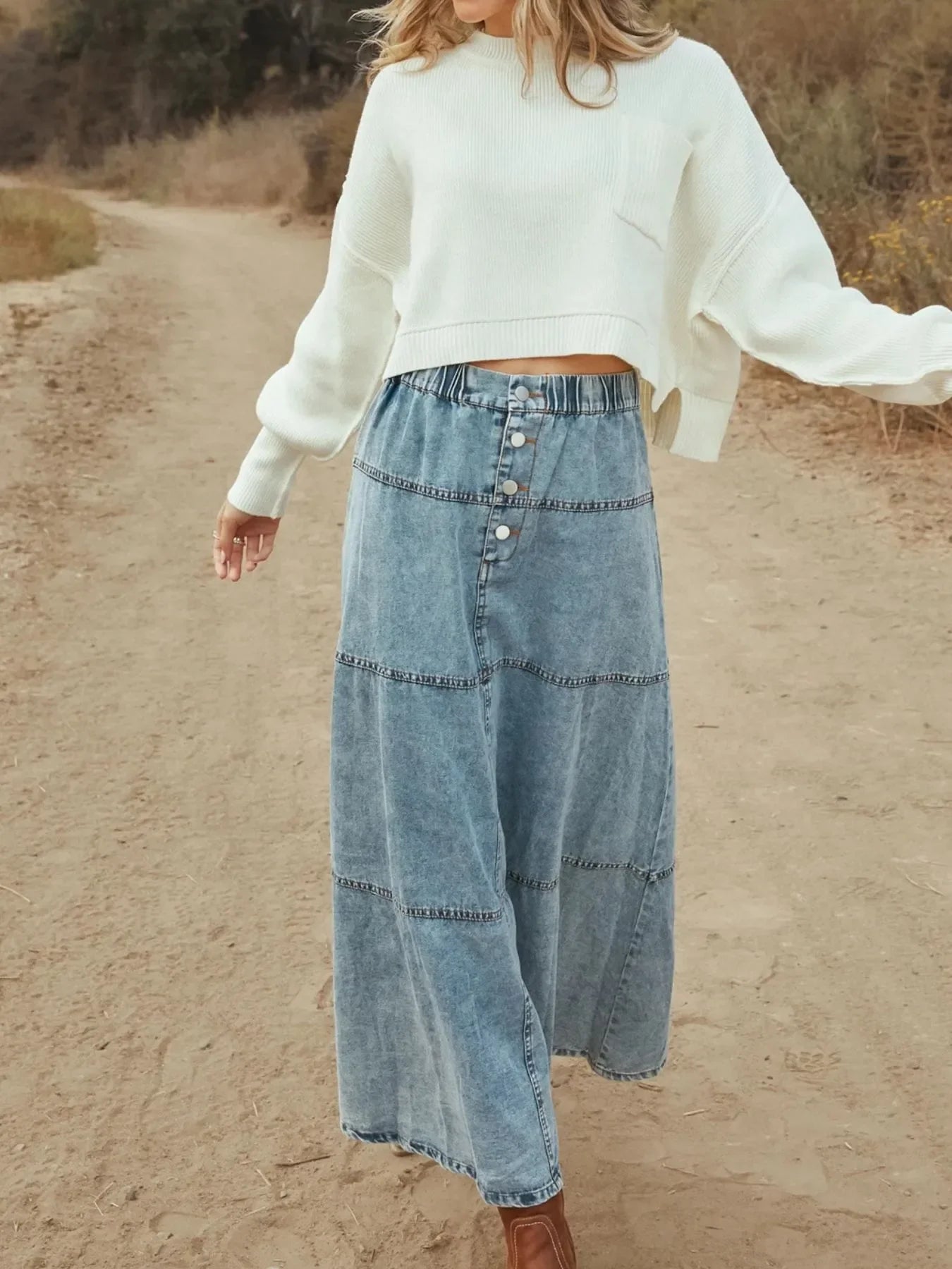Button Front Tiered Maxi Denim Skirt Flowing - Southern Shores Clothing