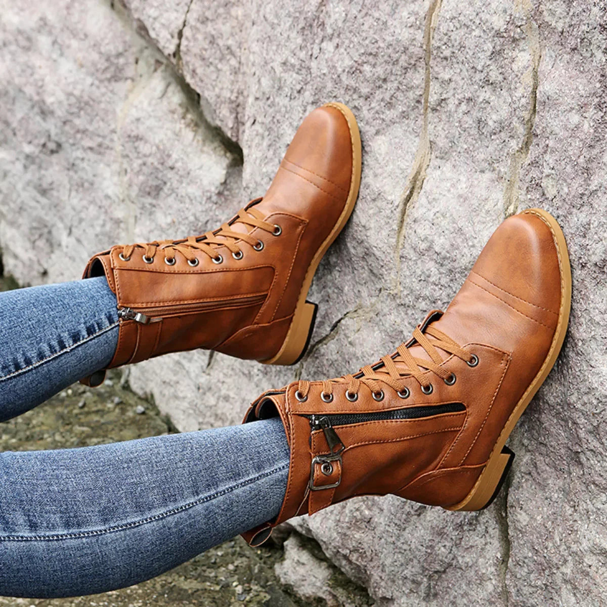 Lace-Up Ankle Boots With Zipper Detail, Low Heels - Southern Shores Clothing