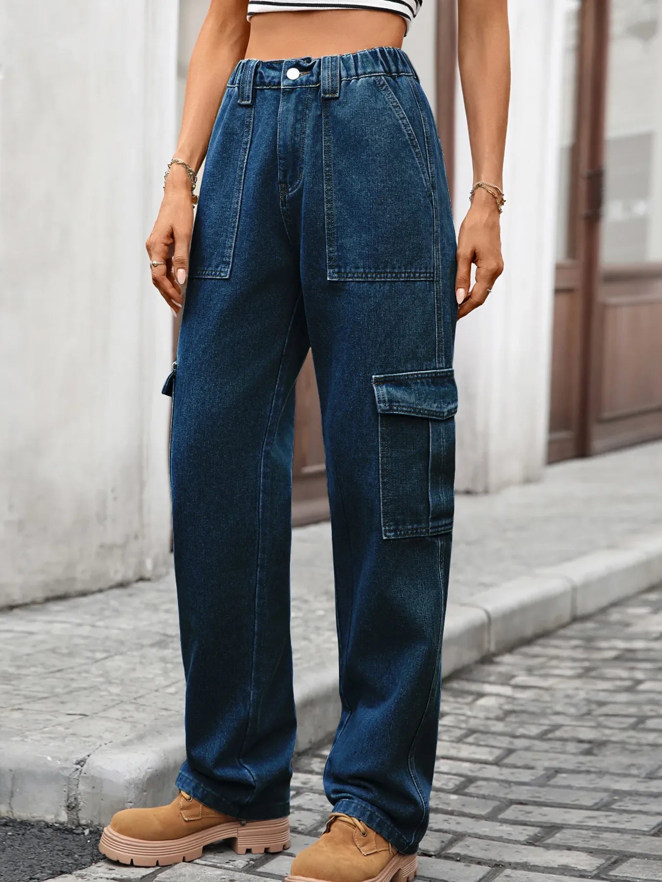 Coastal Inspired High Waisted Cargo Jeans - Southern Shores Clothing