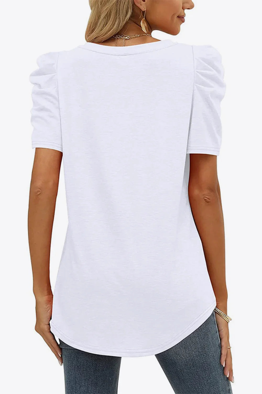 V-Neck Puff Sleeve Tee With Stretchy Fabric - Southern Shores Clothing