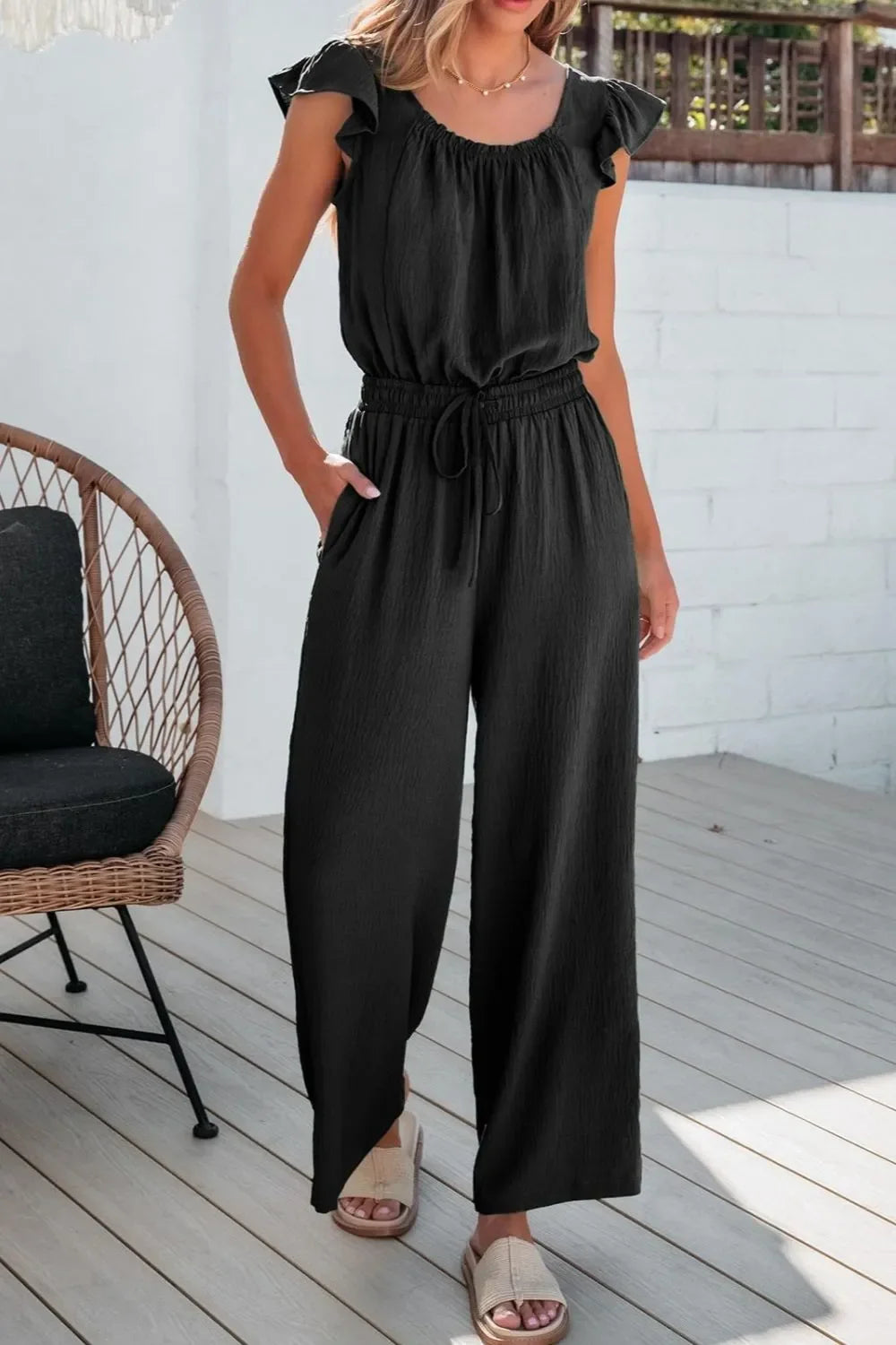 Ruffled Cap Sleeve Wide Leg Jumpsuit With Pockets - Southern Shores Clothing