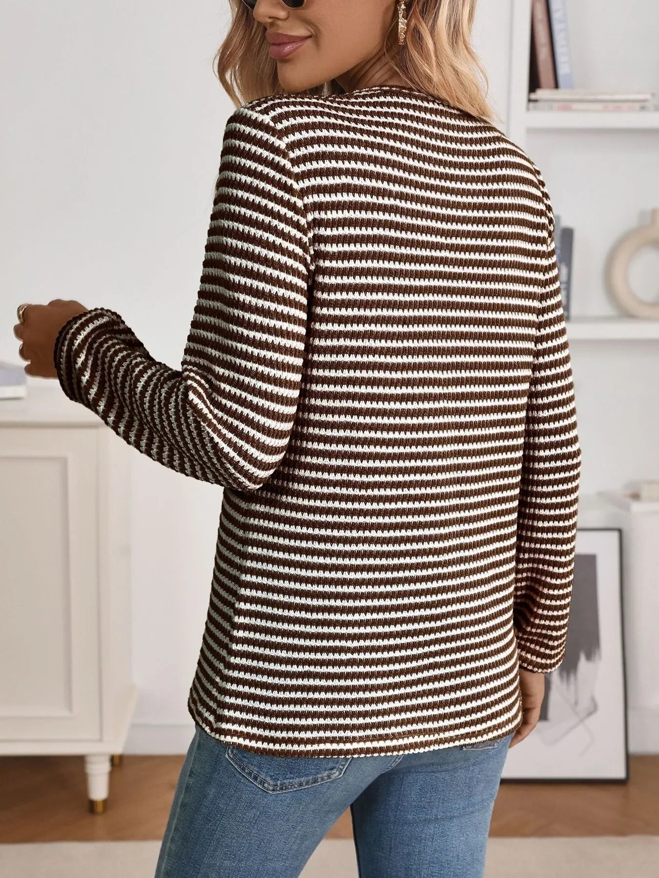 Striped Button Detail Long Sleeve Top - Southern Shores Clothing