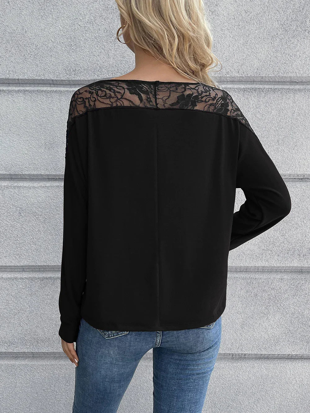 Lace Long Sleeve Round Neck Two Tone T Shirt - Southern Shores Clothing
