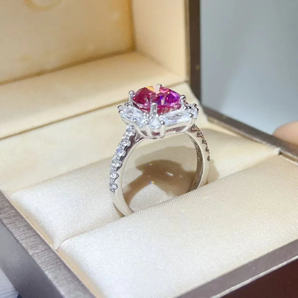 Three Carat Moissanite Ring In Sterling Silver With Halo Setting - Southern Shores Clothing