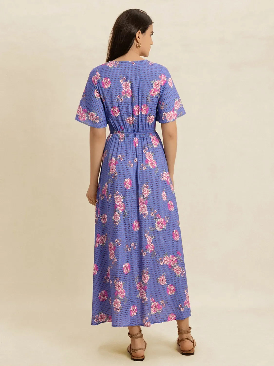 Printed Short Sleeve Midi Dress With Floral Pattern And V-Neck - Southern Shores Clothing