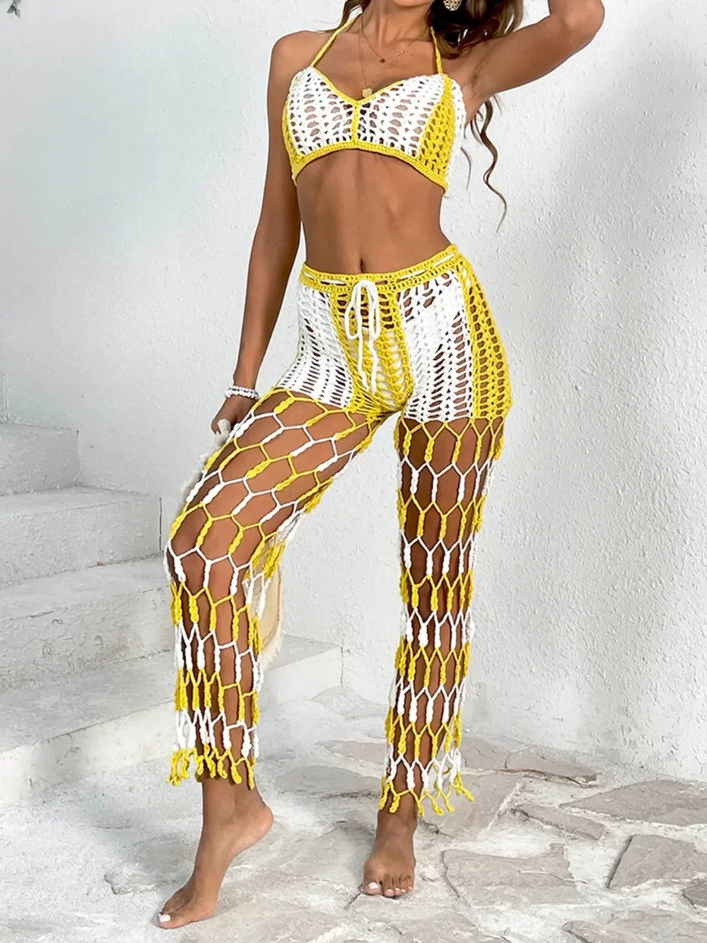 Cutout Crochet Halter Top And Netted Pants Two-Piece Swim Set - Southern Shores Clothing