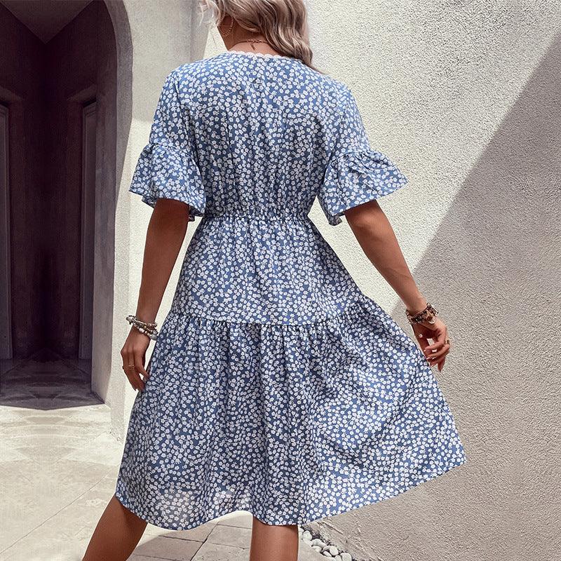 Floral Flounce Sleeve V Neck Lightweight Midi Dress - Southern Shores Clothing