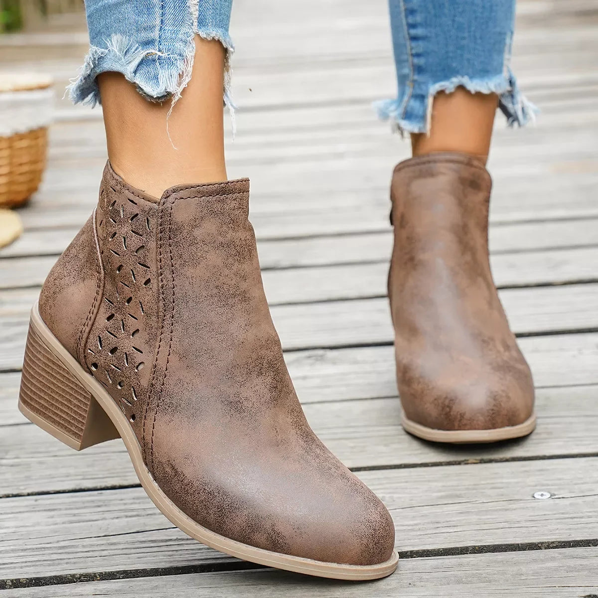Round Toe Block Heel Ankle Boots Mid Heel - Southern Shores Clothing