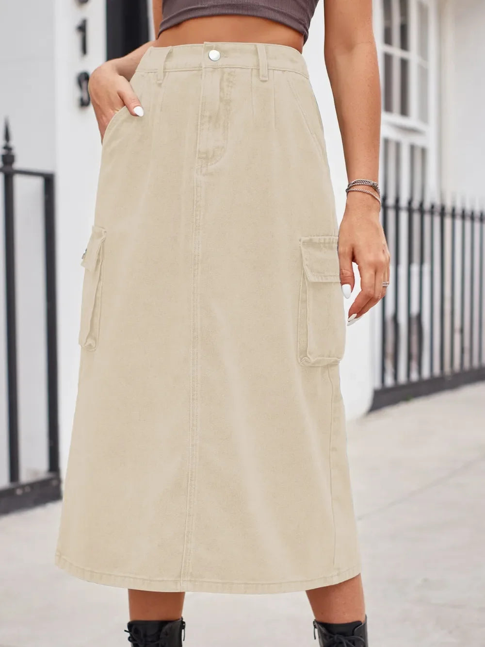 Slit Buttoned Denim Skirt With Pockets Classic - Southern Shores Clothing