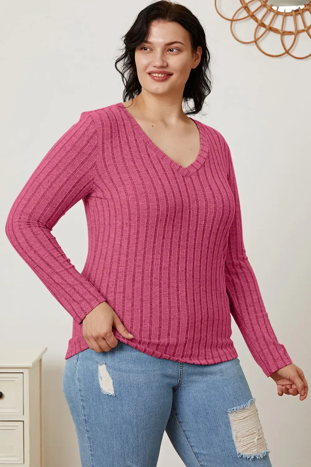 Classic Ribbed V-Neck Long Sleeve Knit Tee Top - Southern Shores Clothing