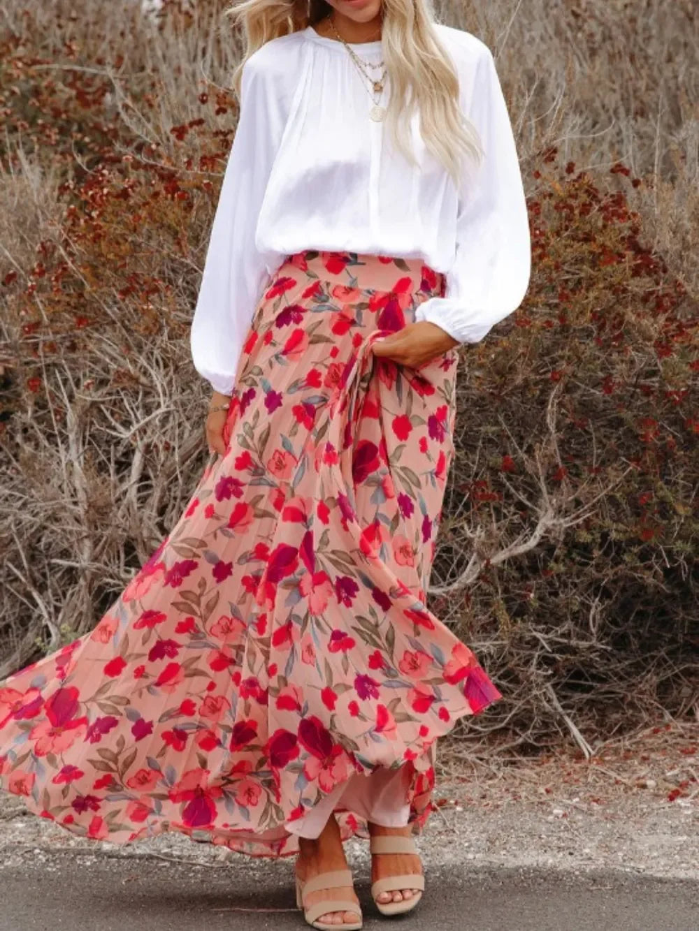 Printed Elastic Waist Pleated Maxi Skirt - Southern Shores Clothing