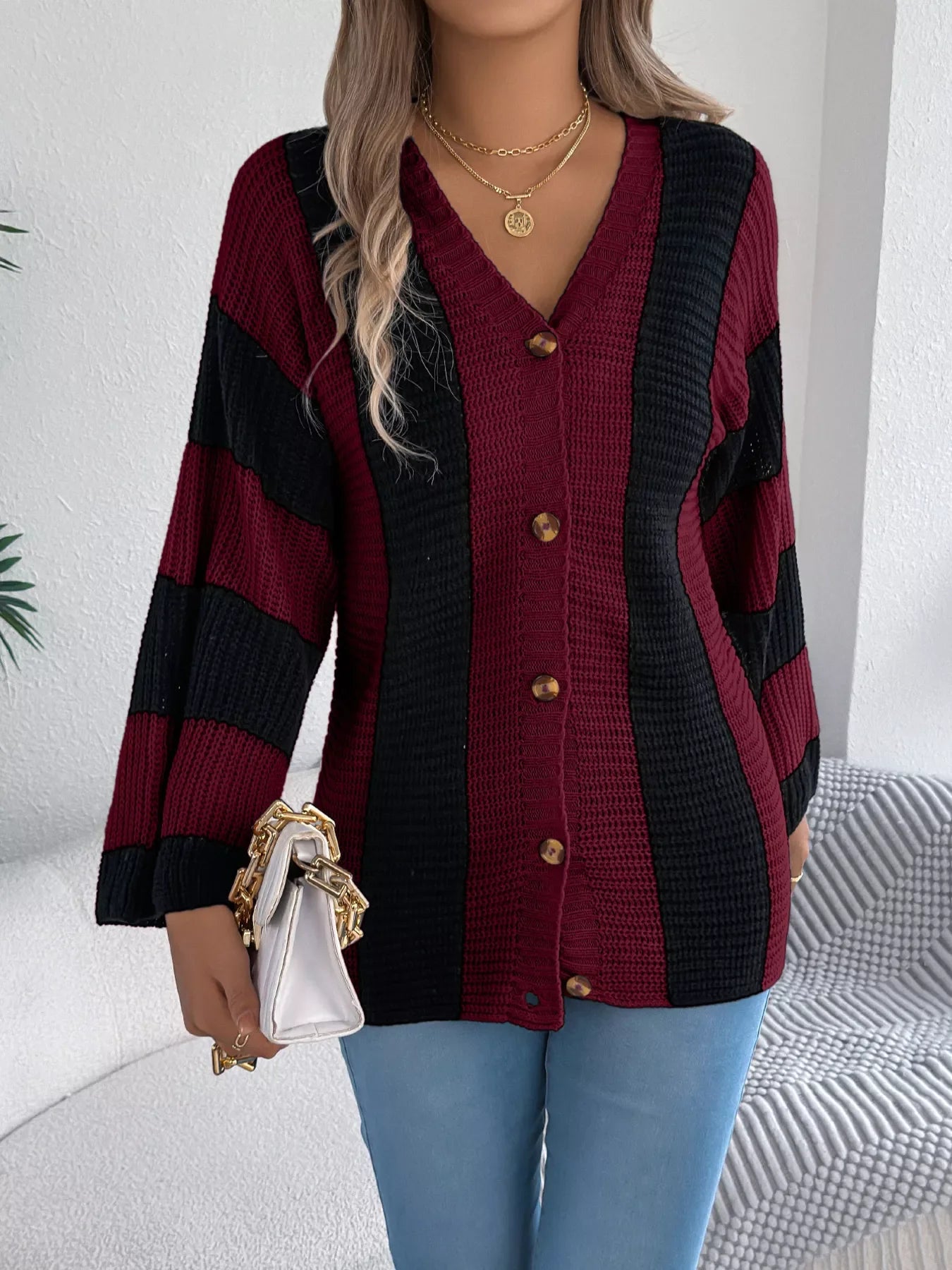 Block Pattern Button-Up Cardigan With Slight Stretch - Southern Shores Clothing