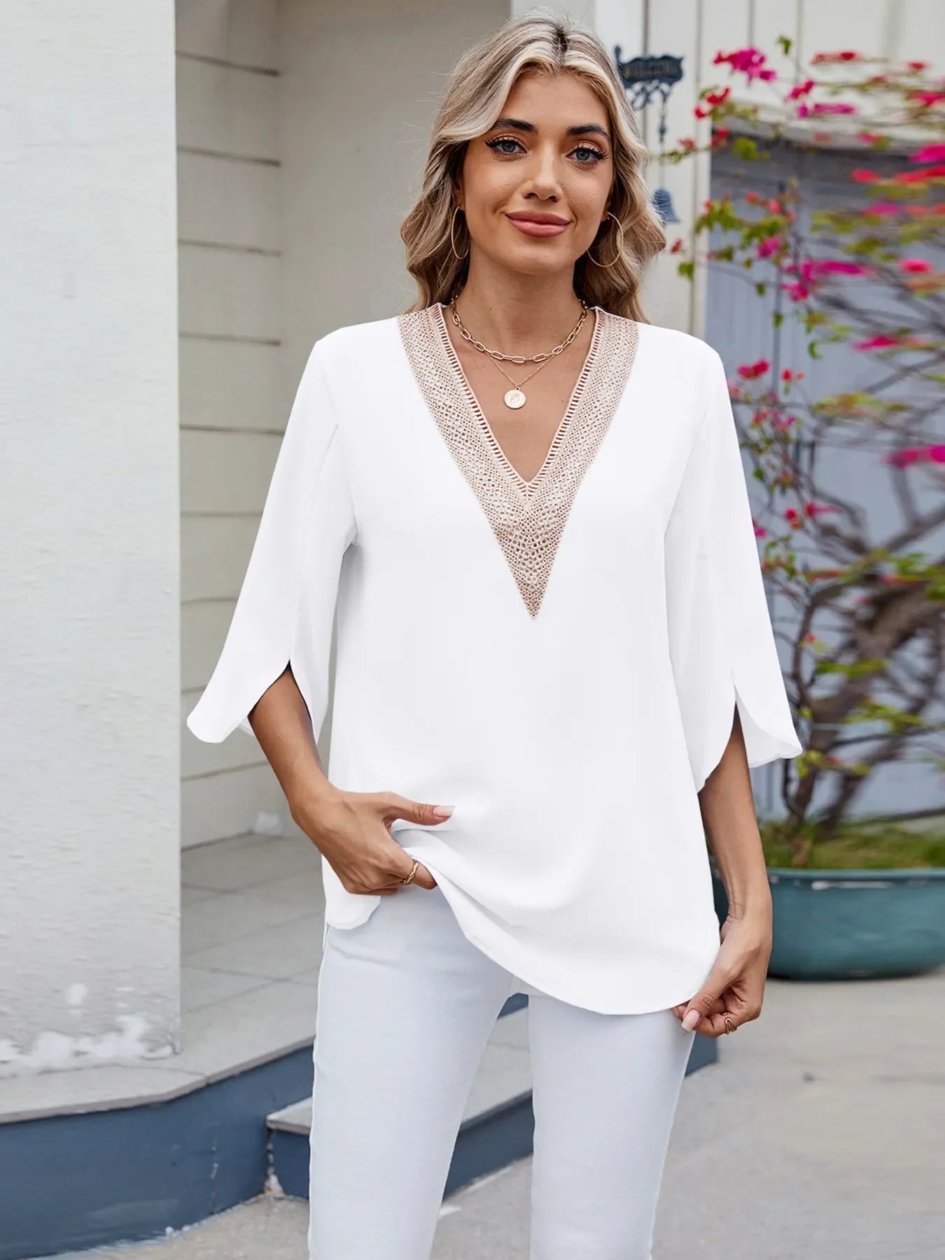 V-Neck Lace Trim Blouse With Rayon Blend And Spade Design - Southern Shores Clothing