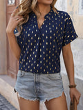 Printed Notched Short Sleeve Blouse For Adults - Southern Shores Clothing
