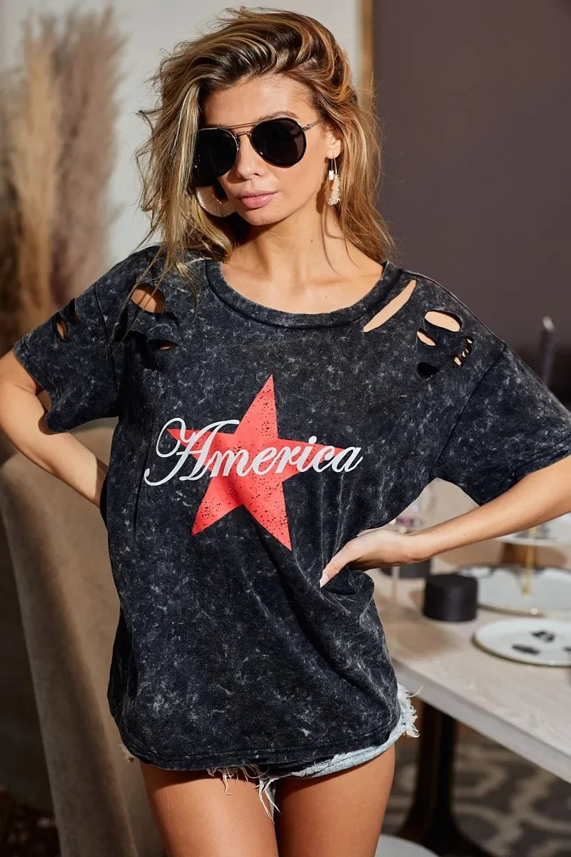 Laser Cut Mineral Washed Jersey T Shirt Americana Design - Southern Shores Clothing