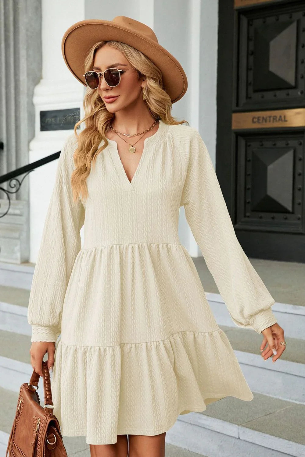 Notched Neck Long Sleeve Mini Dress - Southern Shores Clothing