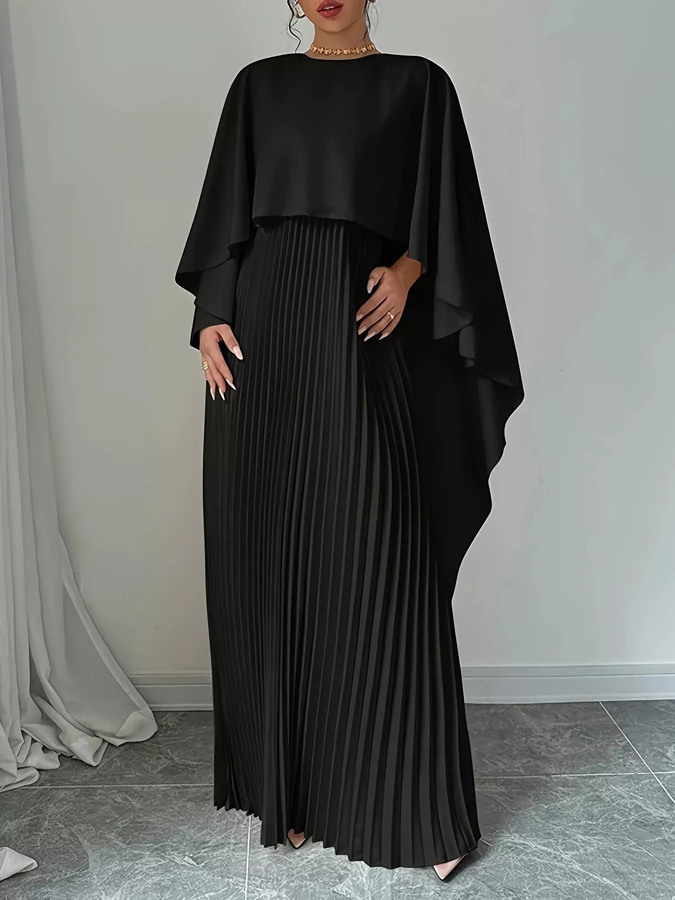 Cape Pleated Maxi Dress Formal Evening Gown
