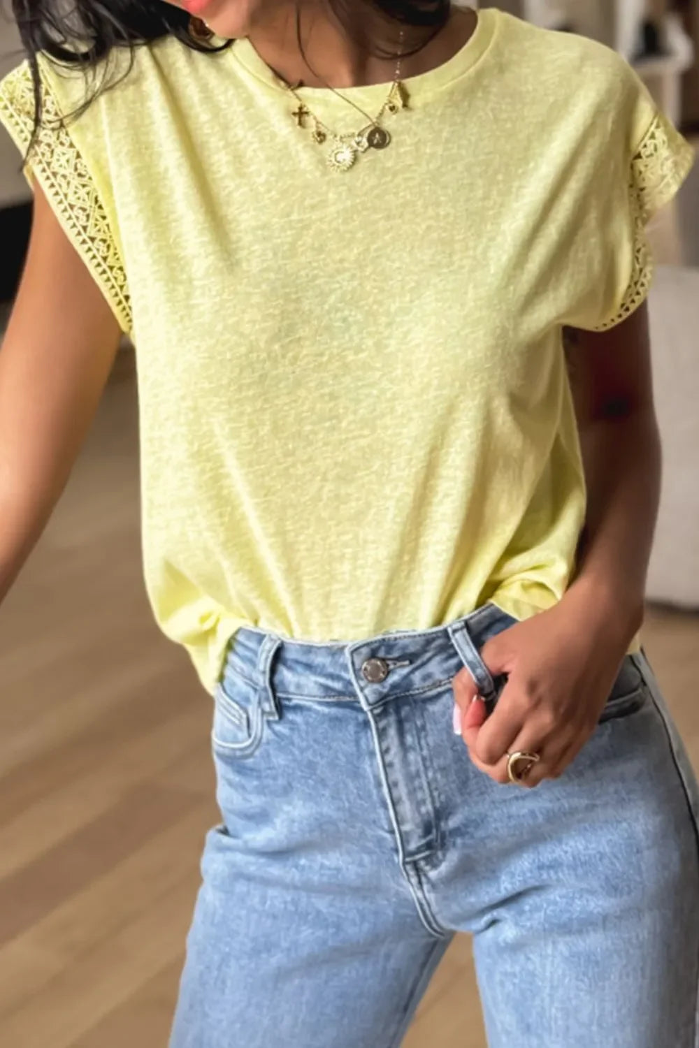 Lace Patchwork Cap Sleeve Round Neck T Shirt - Southern Shores Clothing