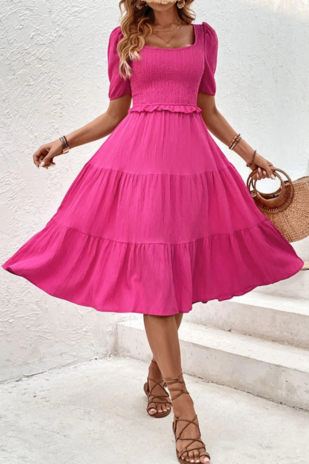 Perfee Square Neck Puff Sleeve Cutout Dress - Southern Shores Clothing