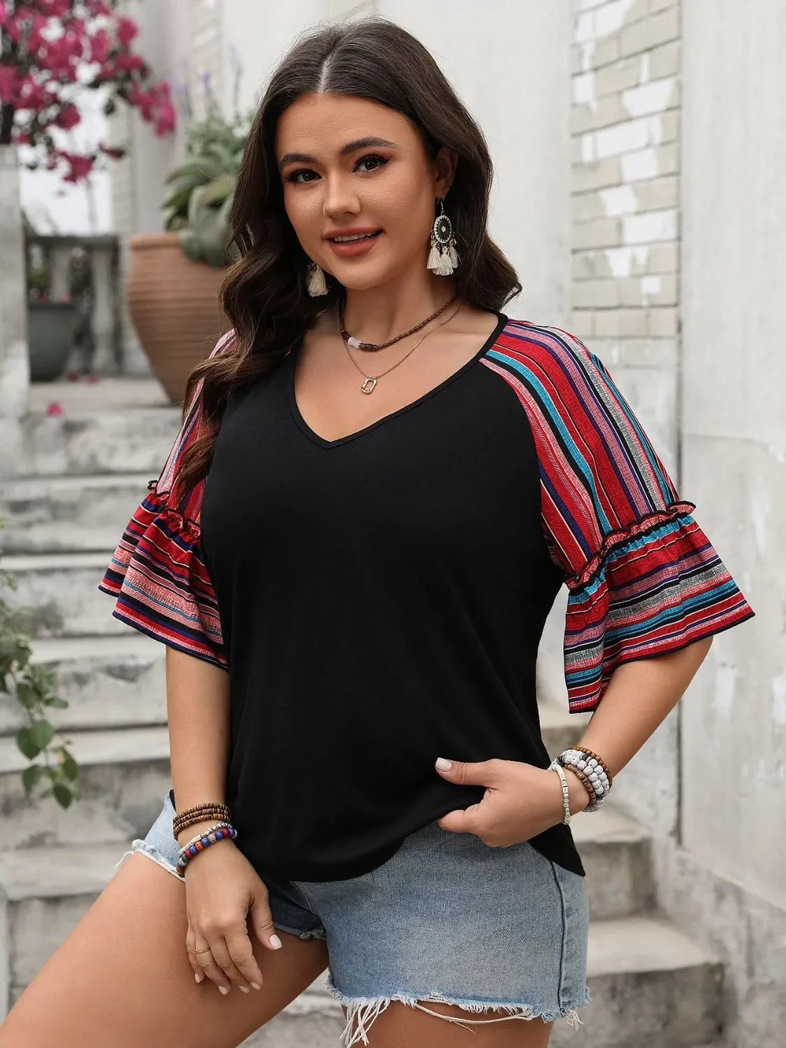 V-Neck Flounce Sleeve Top With Frill Detailing Casual Style - Southern Shores Clothing