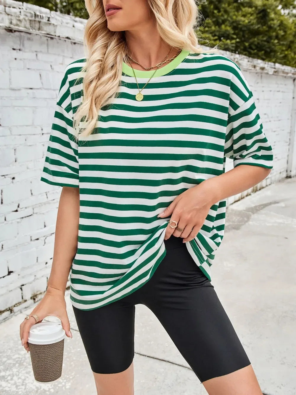 Striped Round Neck Half Sleeve Stretchy T Shirt - Southern Shores Clothing