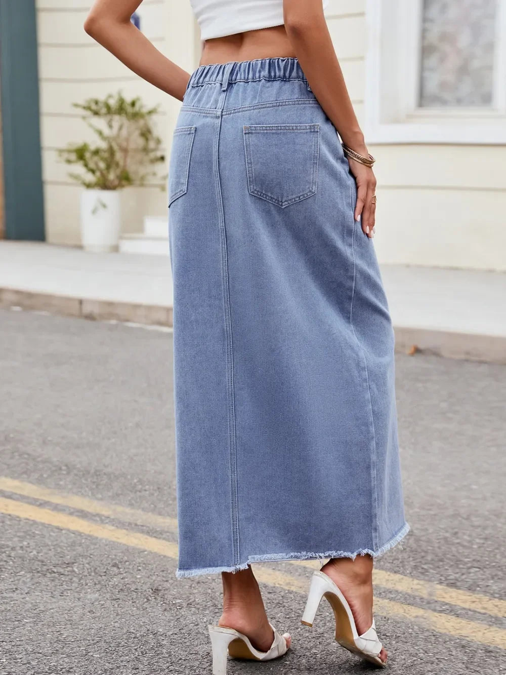 Slit Asymmetrical Waist Denim Skirt With Stretch - Southern Shores Clothing