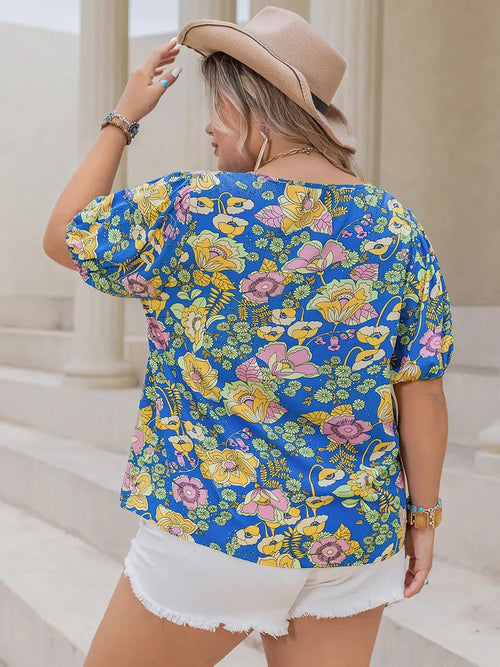 Plus Size Printed Notched Short Sleeve Blouse - Southern Shores Clothing