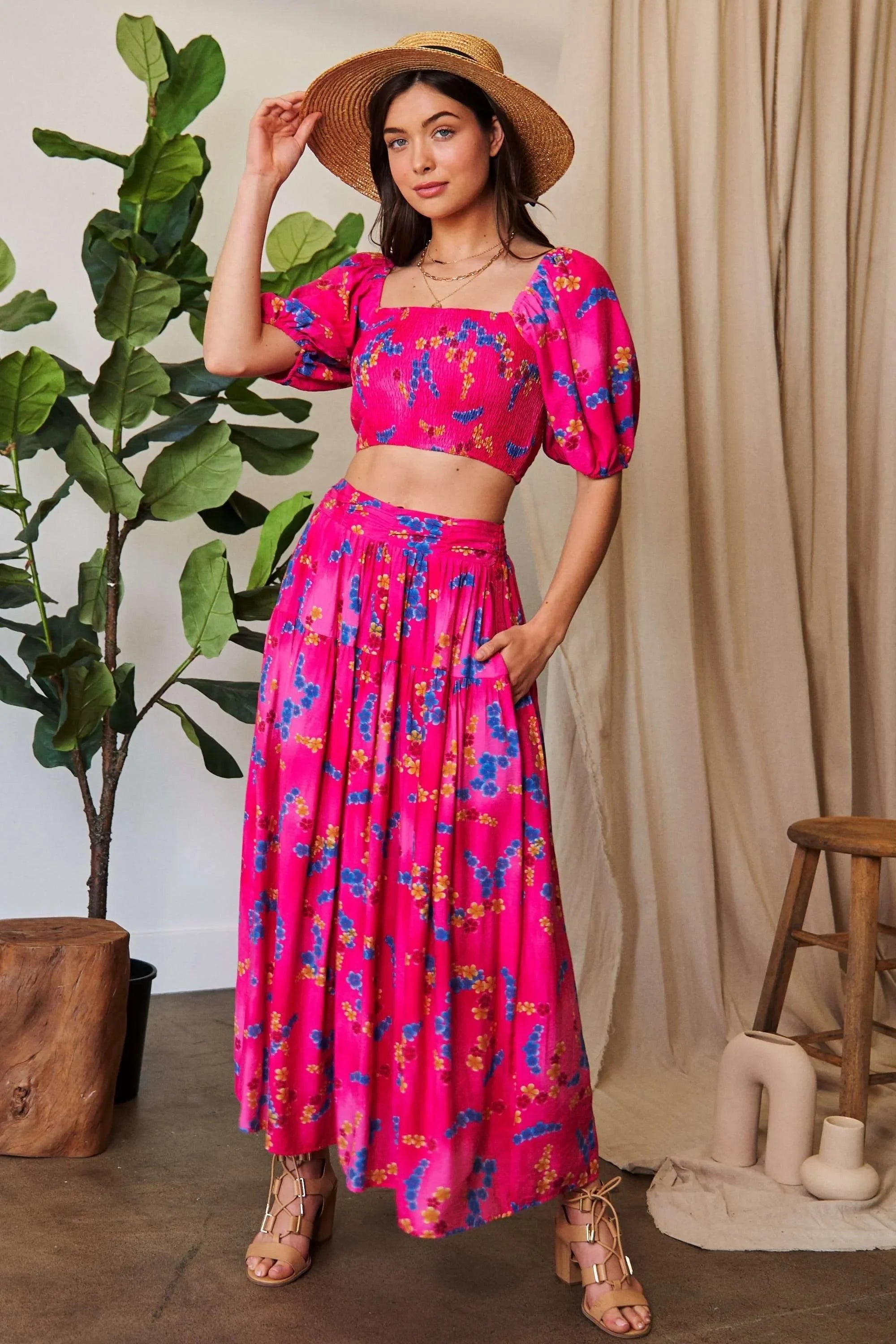 Printed Smocking Waistband Ruffled Maxi Skirt - Southern Shores Clothing