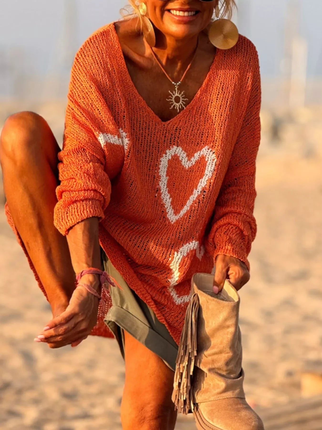 Heart V-Neck Dropped Shoulder Sweater | Southern Shores Clothing - Southern Shores Clothing