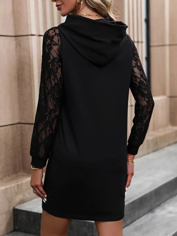 Lace Trim Long Sleeve Hooded Dress For Everyday Wear - Southern Shores Clothing