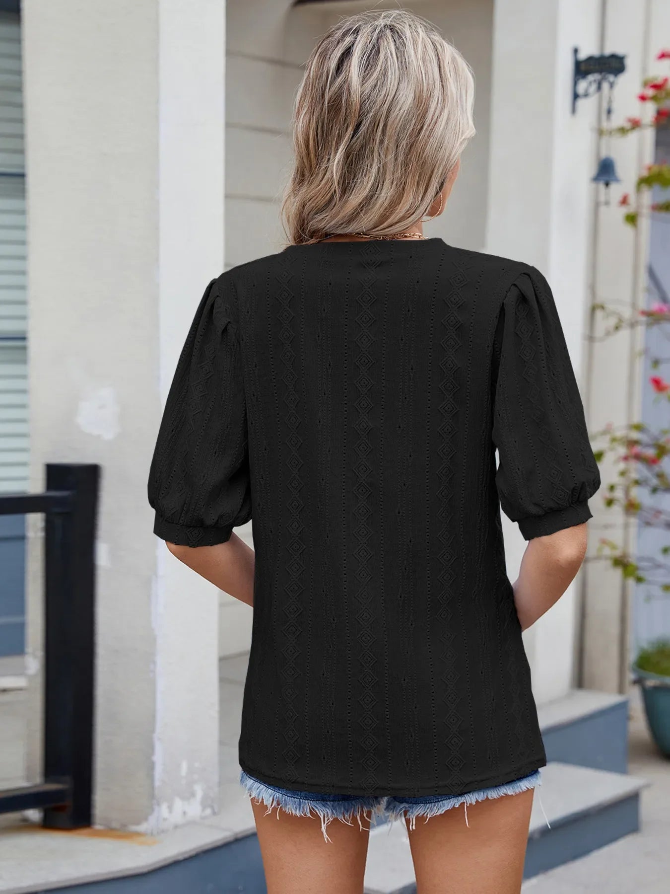 Spade Eyelet V-Neck Puff Sleeve Rayon Top - Southern Shores Clothing